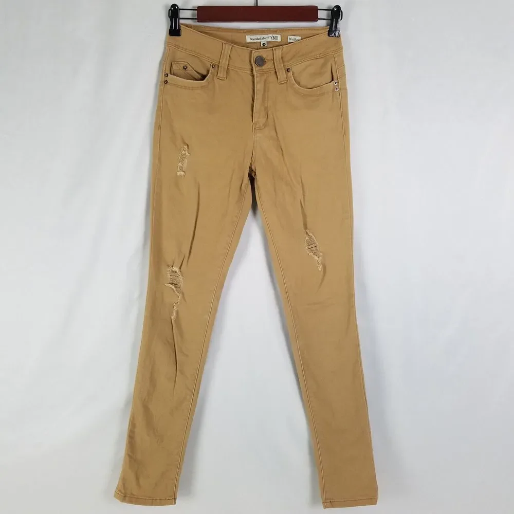 YMI Jeans Juniors 3 Brown Low Rise Womens Distressed Skinny Leg Denim